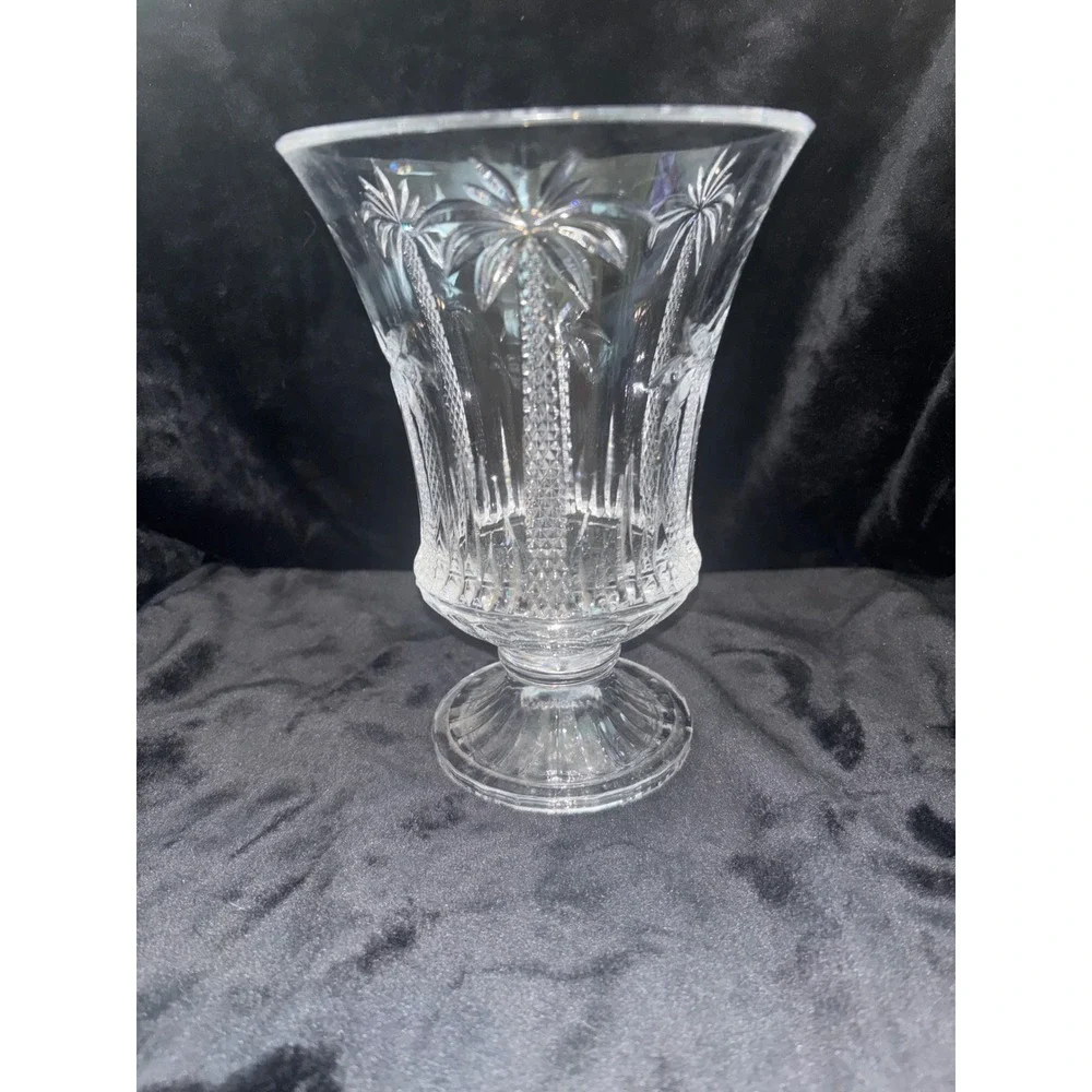Crystal Palm Tree Vase Unisex 8in Clear Excellent Etched Coastal Hurricane‎